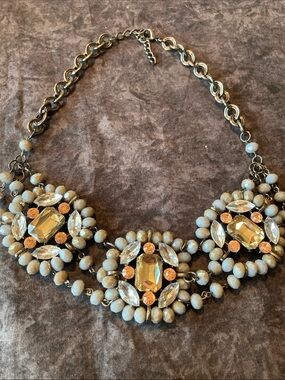 Statement Crystal Bib Necklace in Cream and Vintage Inspired Chain